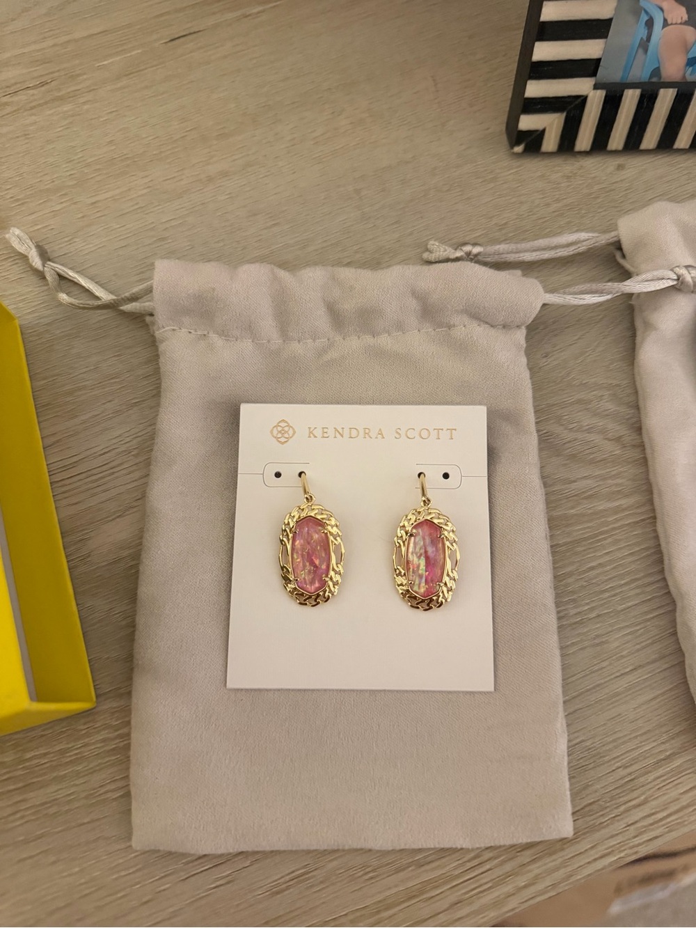 Kendra Scott Gold Drop Earrings with Pink Marbled Stones